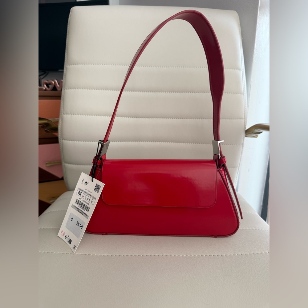 Zara Red Shoulder Bag Glossy Minimalist Design